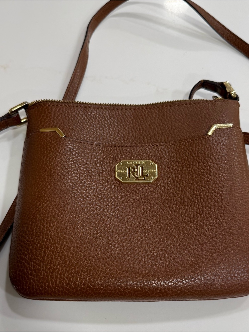Lauren Ralph Lauren Brown Pebbled Crossbody Bag Gold Hardware
